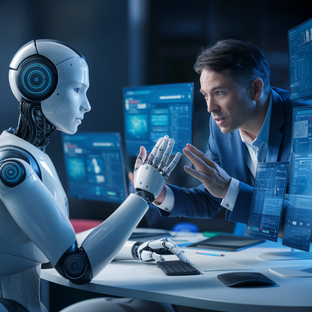 Man giving instruction to the advanced ai robot to do the digital tasks.
